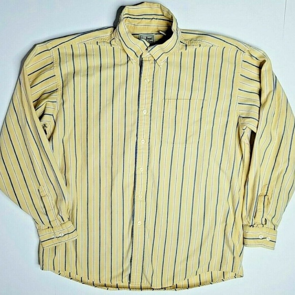 LL Bean Men's L 100% Cotton Long Sleeve Button Work Shirt Yellow Stripe Heavy - Picture 2 of 3
